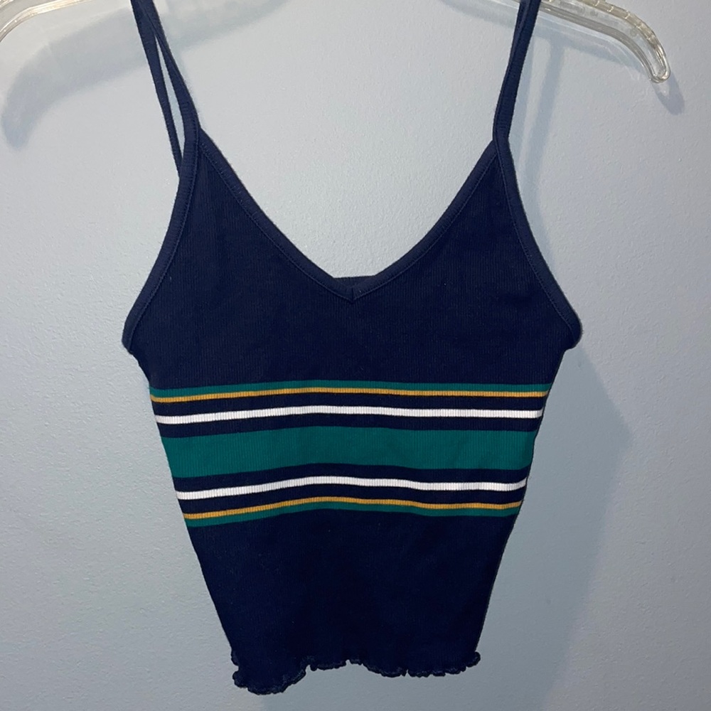 Small navy tank top with green gold and white stripes